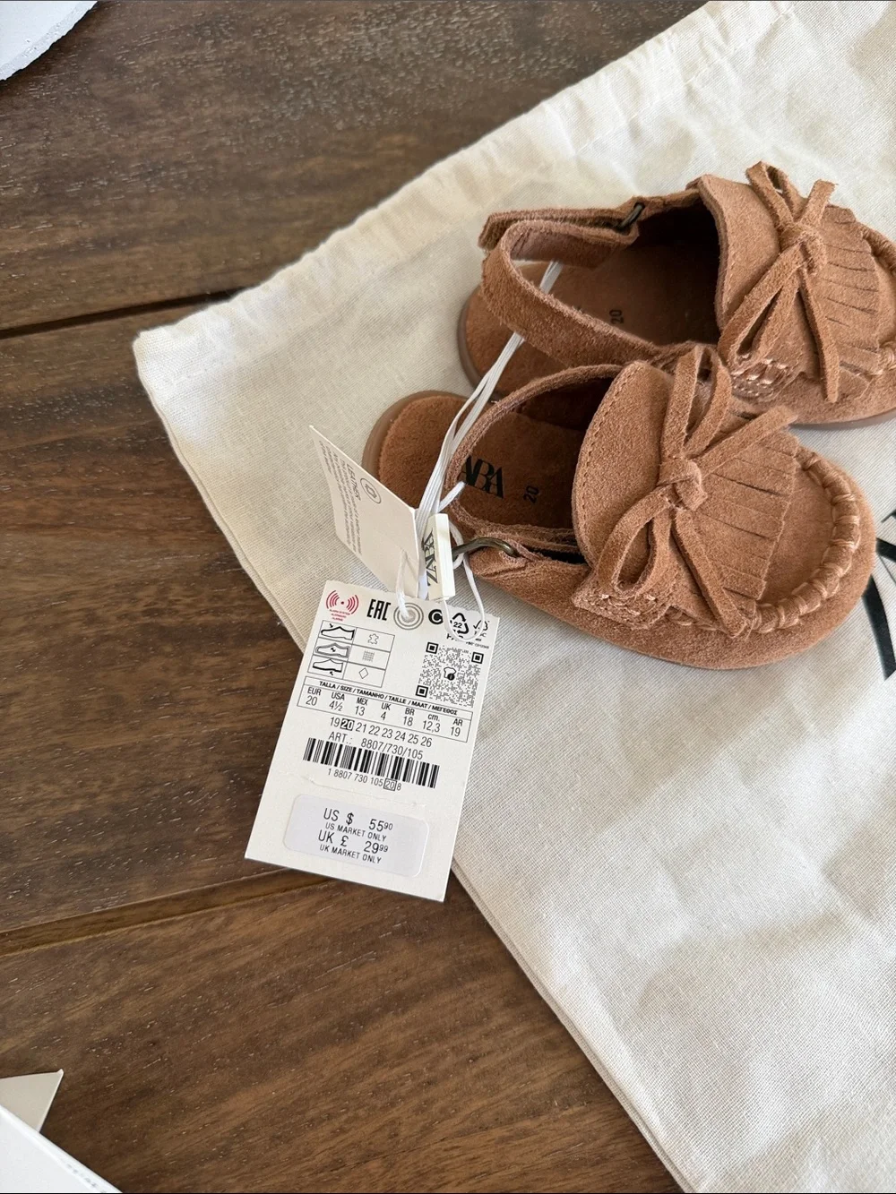 ZARA Kids Tan Suede Moccasin Shoes with Fringe & Bow